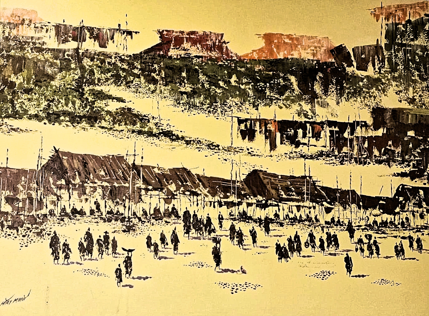 Morning Village Market with wooden frame - Ms16783